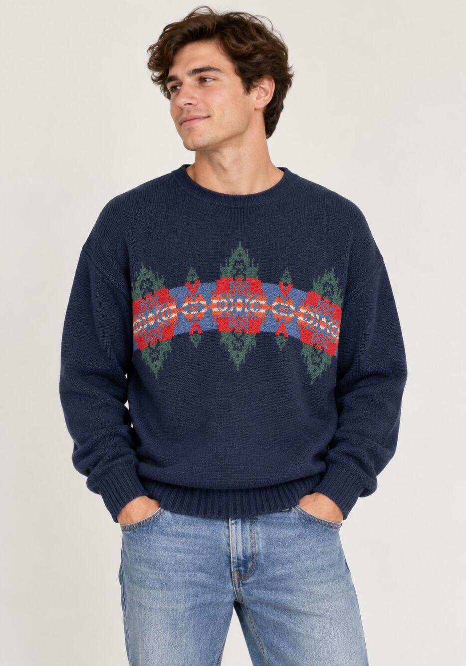 VTG Men's Cotton Knit Sweater XL Navy Blue Aztec Southwestern Vintage Knit